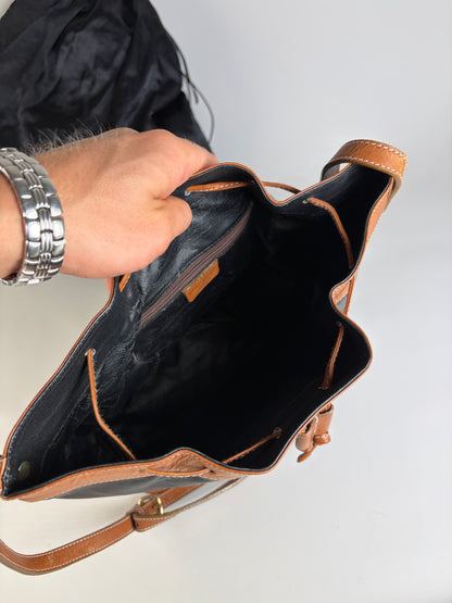 Vintage Yves Saint Laurent Monogram Leather Bucket Bag Black Tan