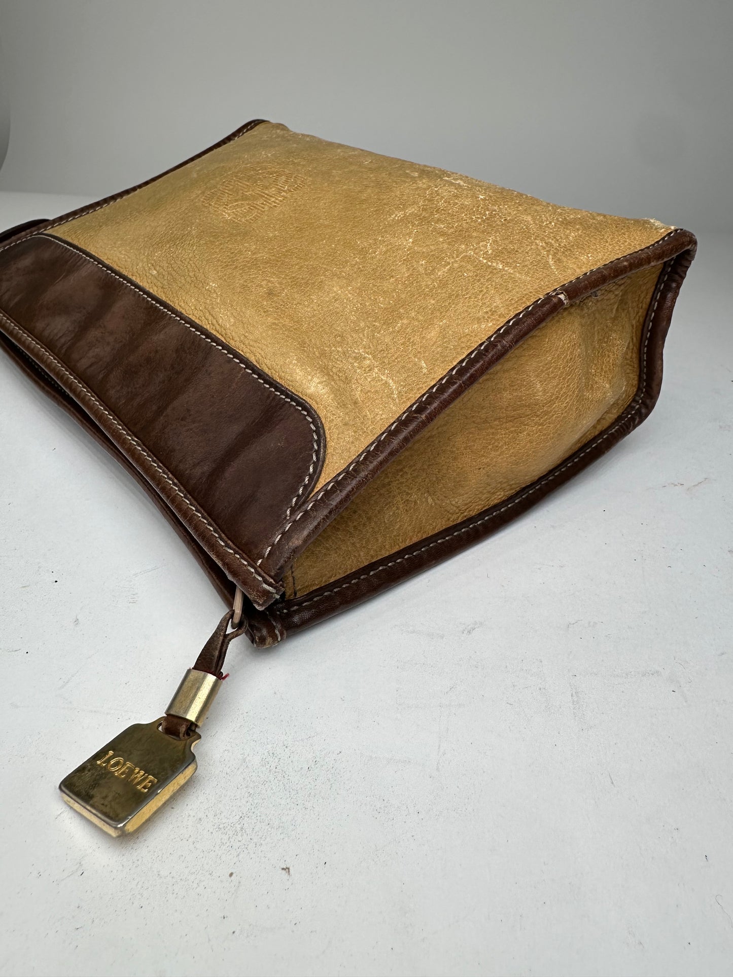Vintage Loewe Camel Leather Suede Anagram Clutch