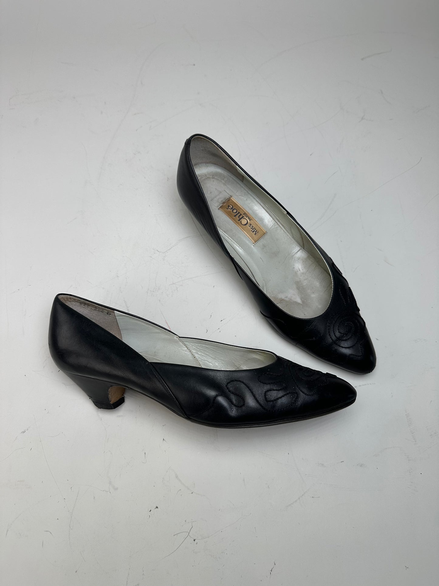Vintage Chloe Leather Fabric Detail Heels Black Silver EU36.5