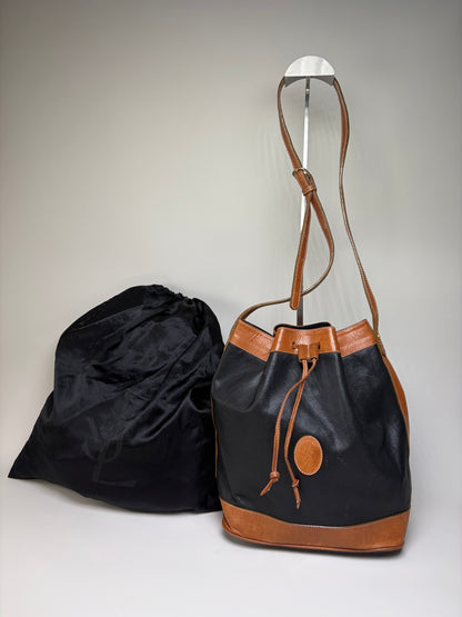 Vintage Yves Saint Laurent Monogram Leather Bucket Bag Black Tan