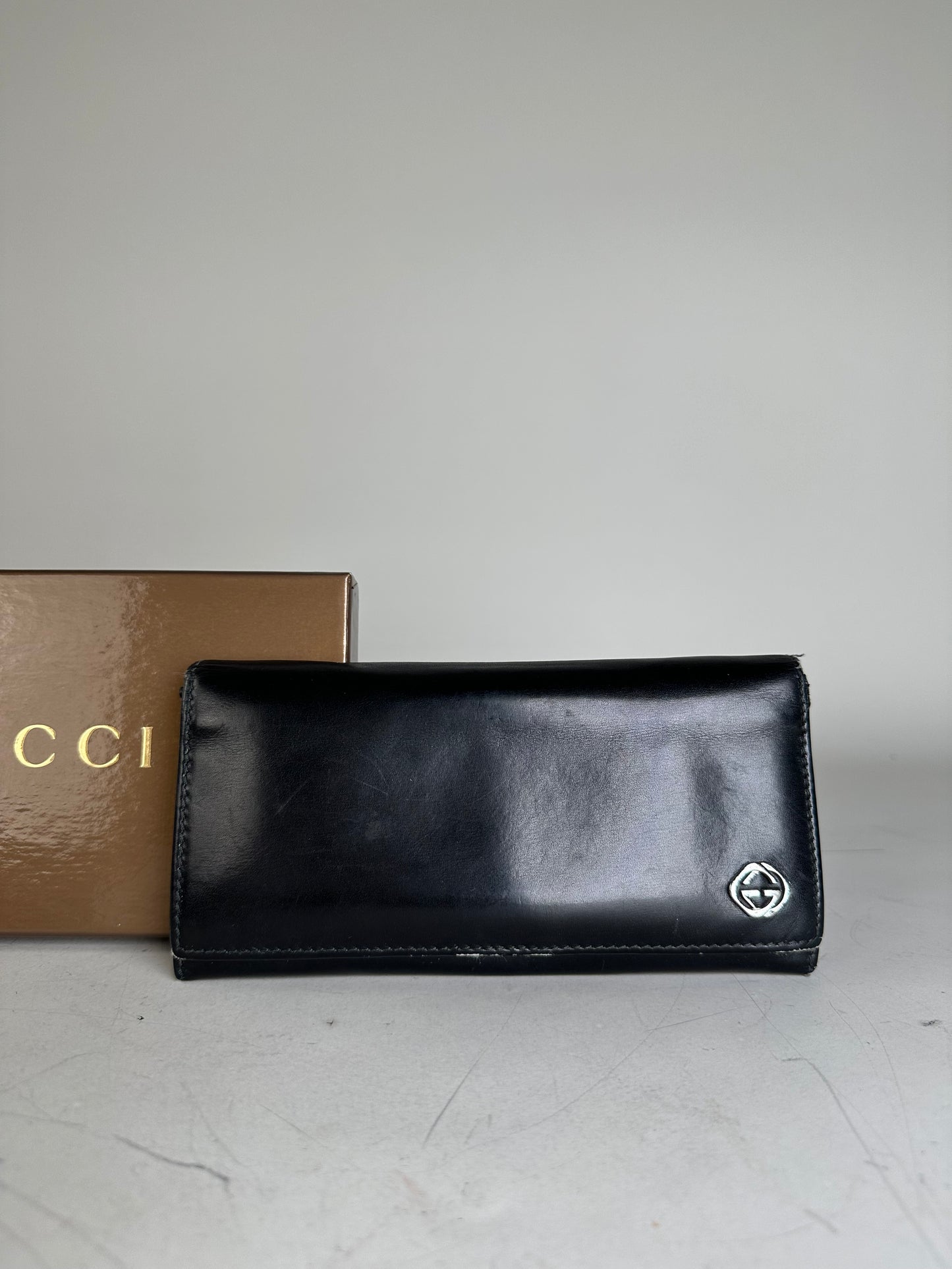 Vintage Gucci Leather Wallet Black Silver