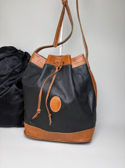 Vintage Yves Saint Laurent Monogram Leather Bucket Bag Black Tan