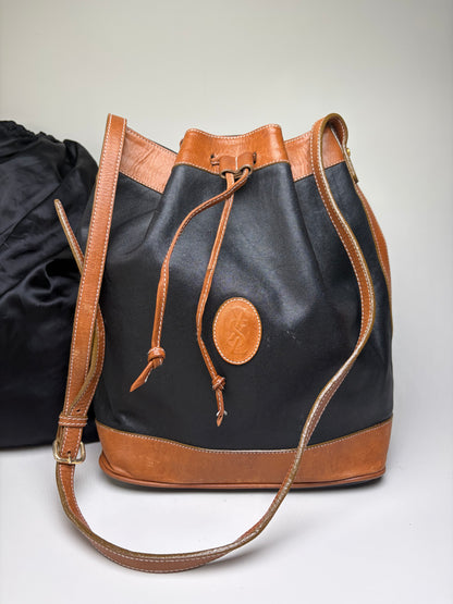 Vintage Yves Saint Laurent Monogram Leather Bucket Bag Black Tan