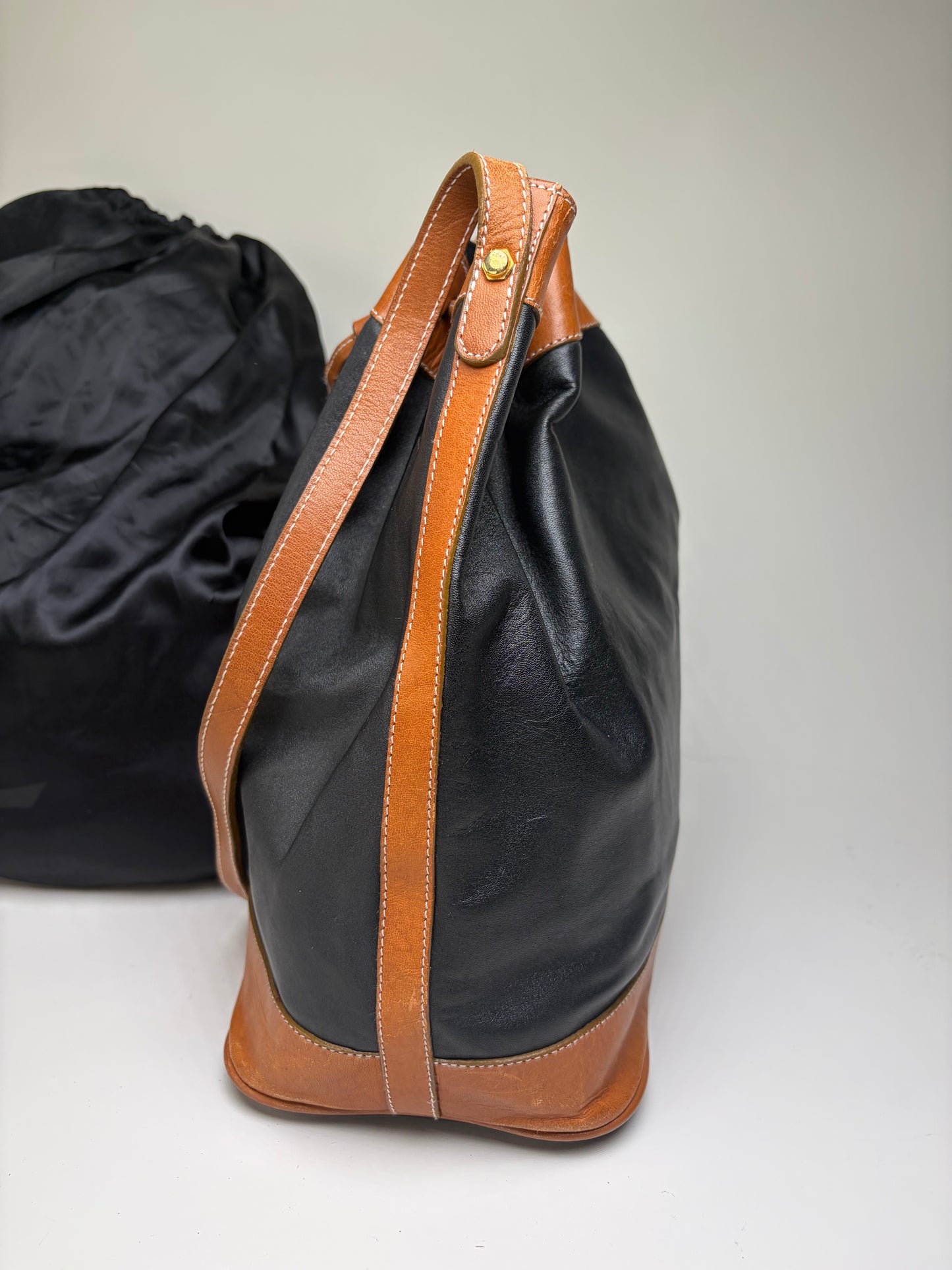 Vintage Yves Saint Laurent Monogram Leather Bucket Bag Black Tan