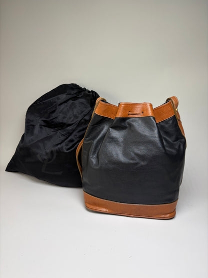 Vintage Yves Saint Laurent Monogram Leather Bucket Bag Black Tan