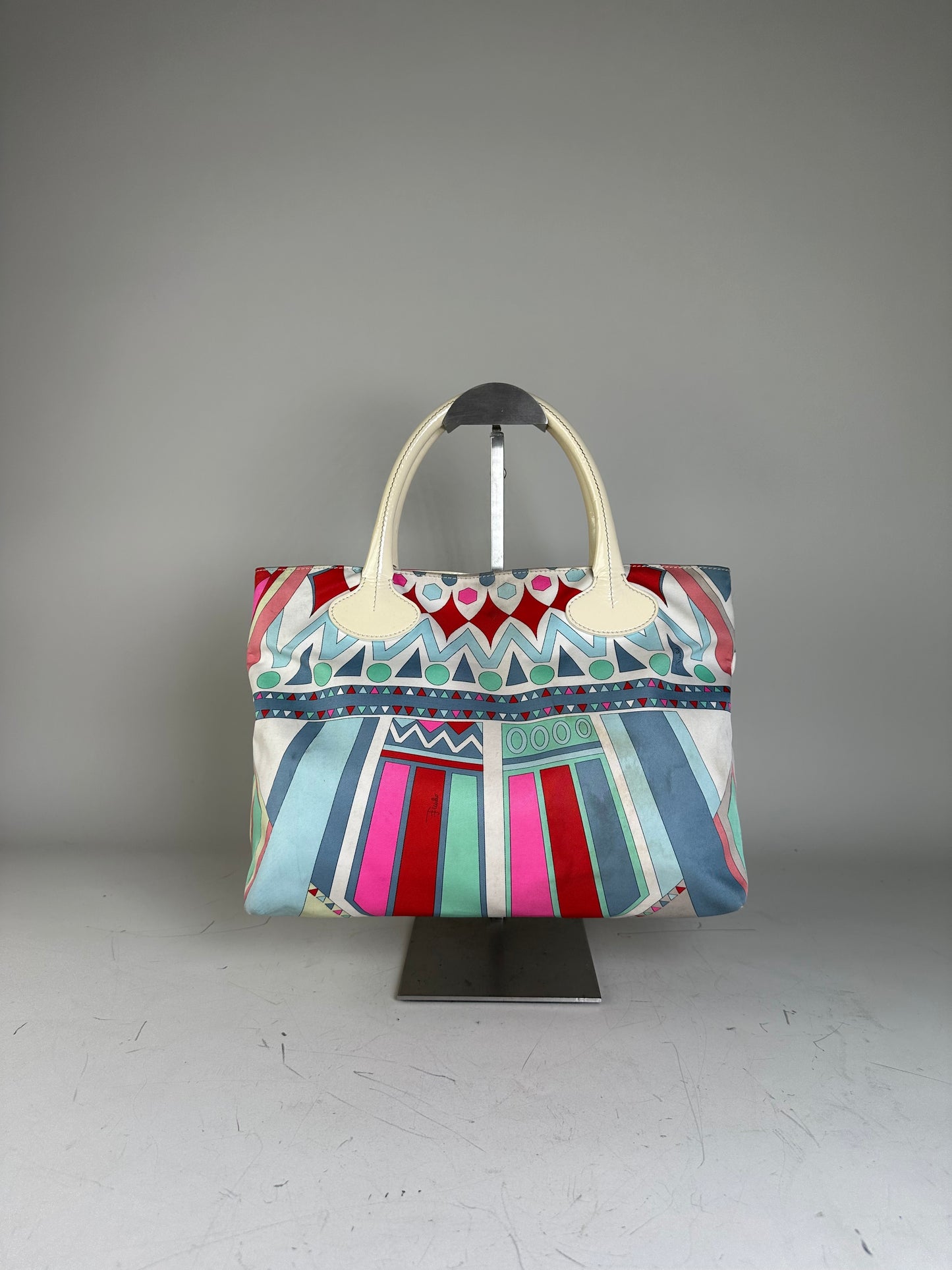 Vintage Emilio Pucci Silk Canvas Tote Bag Pink Turquoise Red