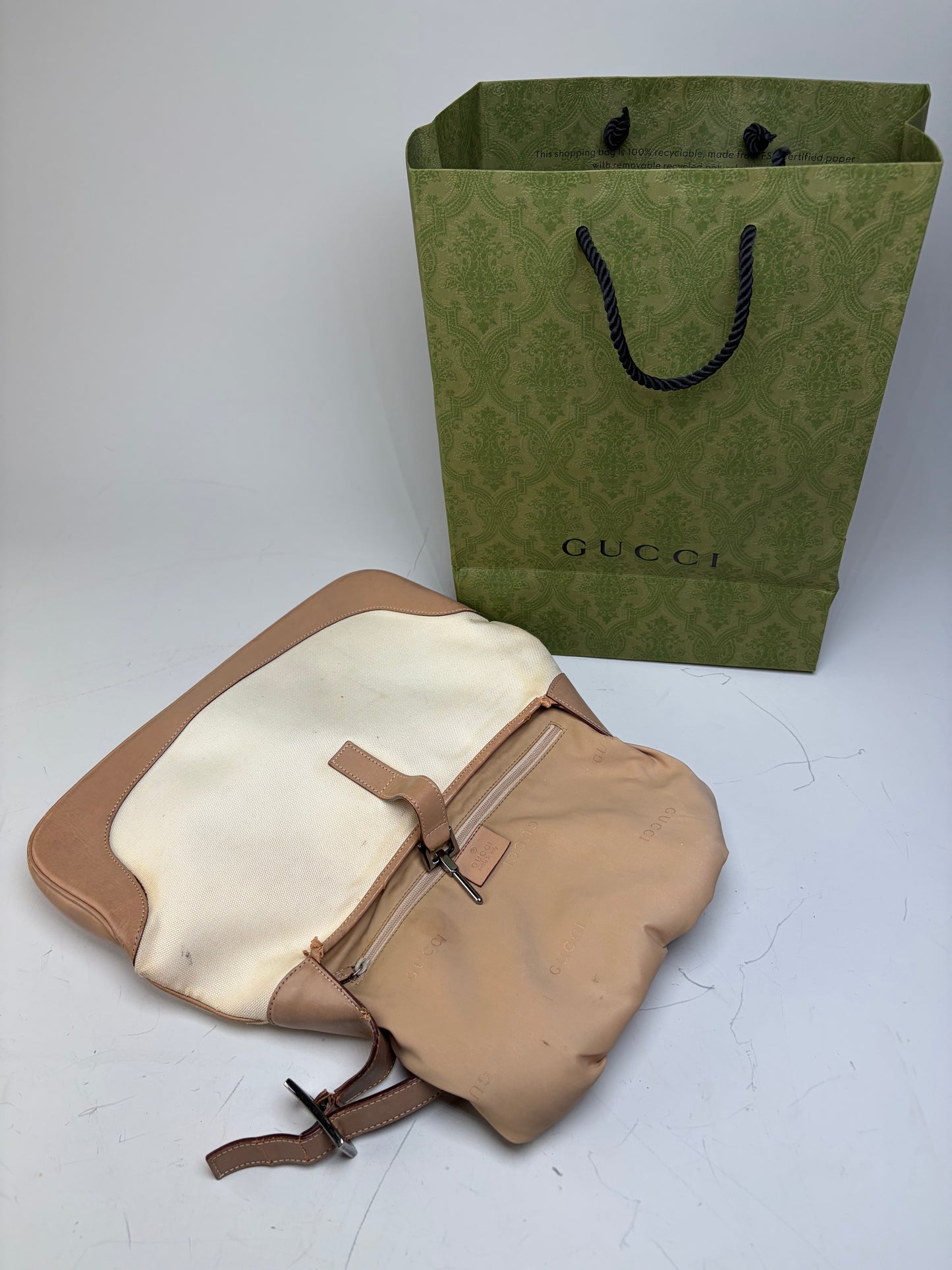 Vintage Gucci Jackie Canvas Shoulder Bag Cream Tan