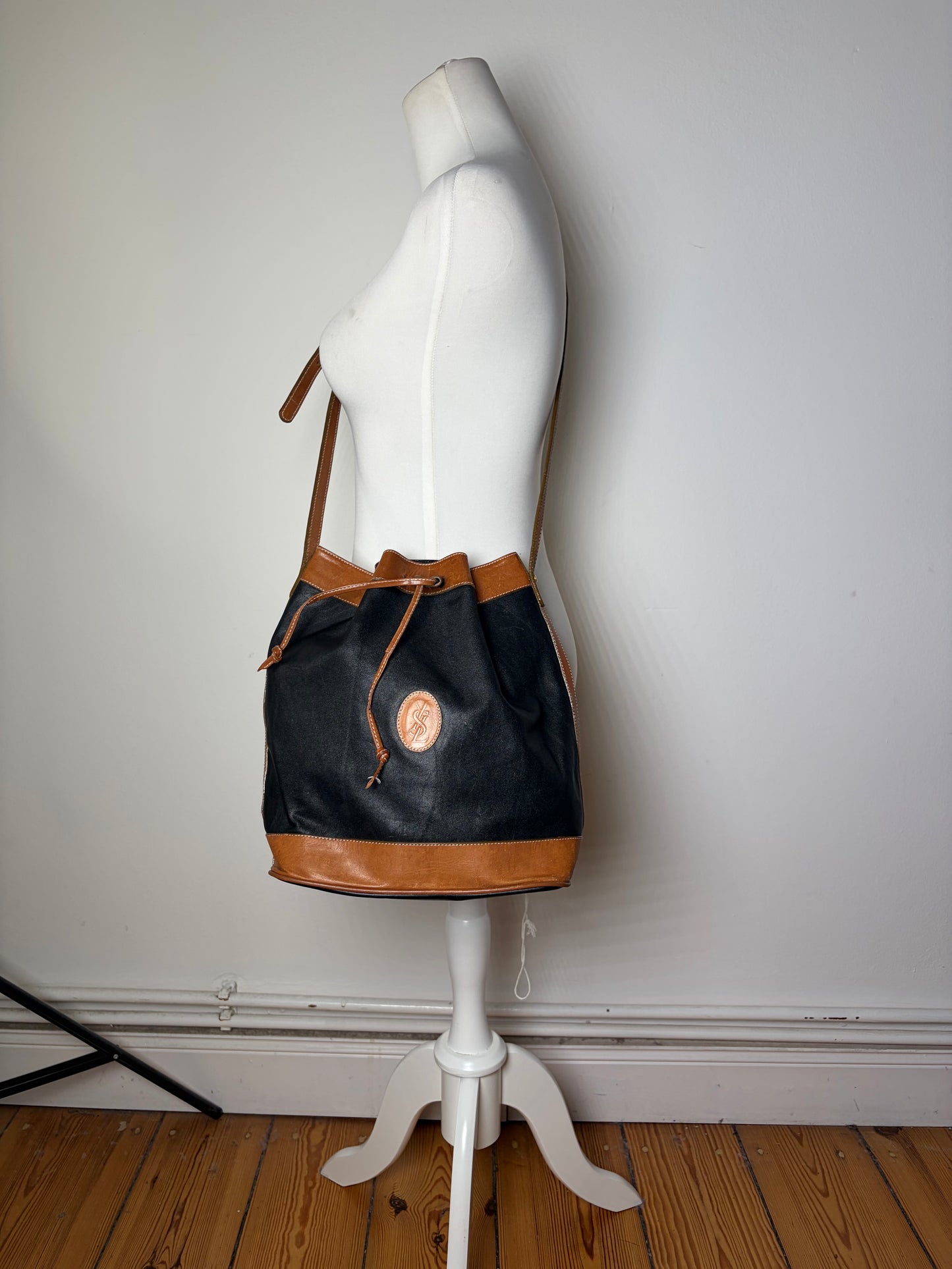 Vintage Yves Saint Laurent Monogram Leather Bucket Bag Black Tan