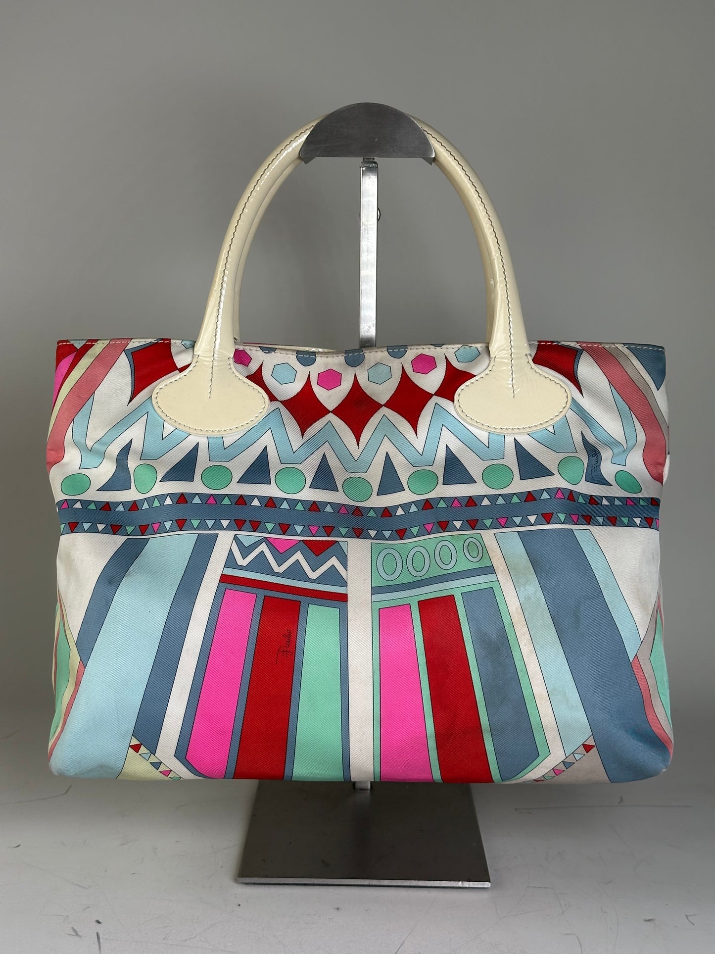 Vintage Emilio Pucci Silk Canvas Tote Bag Pink Turquoise Red