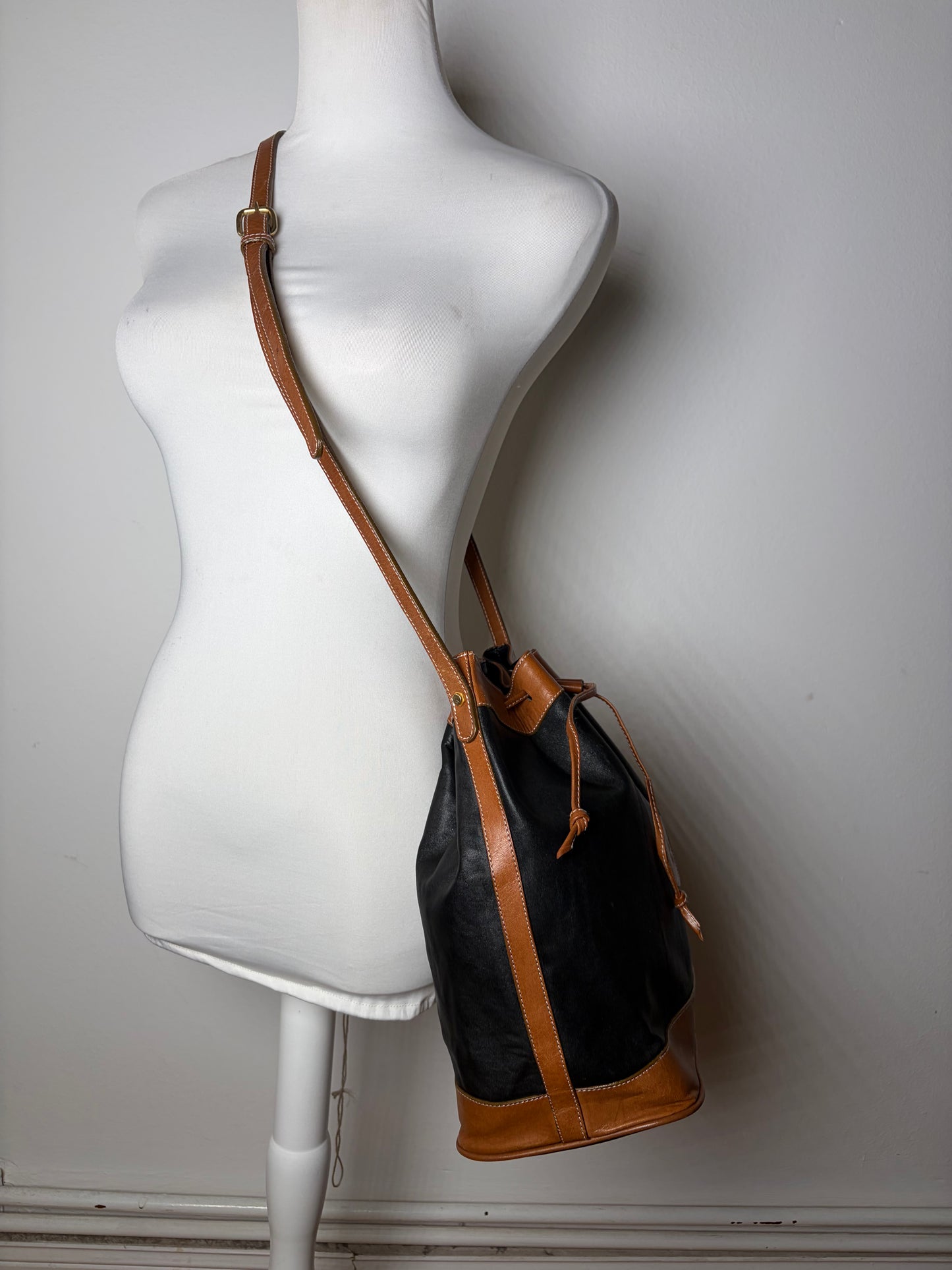 Vintage Yves Saint Laurent Monogram Leather Bucket Bag Black Tan