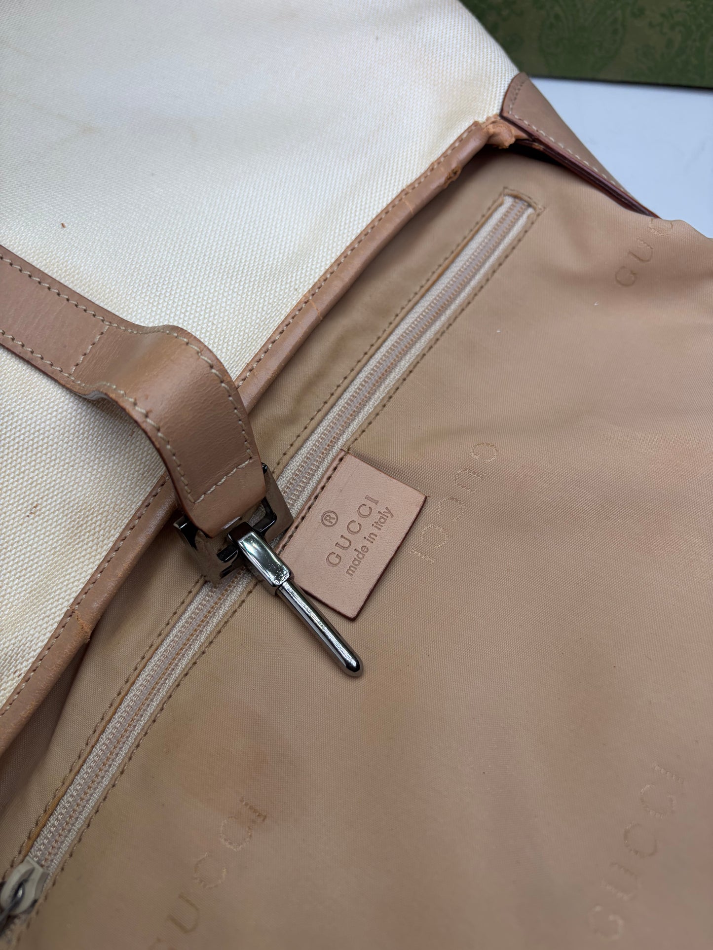 Vintage Gucci Jackie Canvas Shoulder Bag Cream Tan