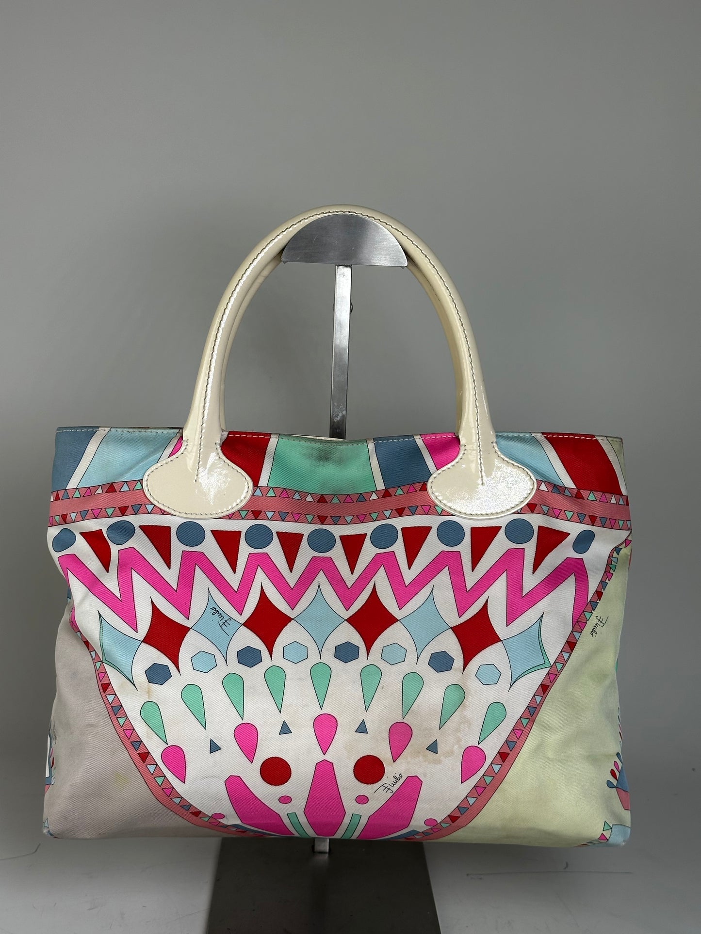 Vintage Emilio Pucci Silk Canvas Tote Bag Pink Turquoise Red