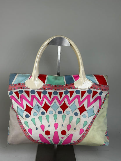 Vintage Emilio Pucci Silk Canvas Tote Bag Pink Turquoise Red