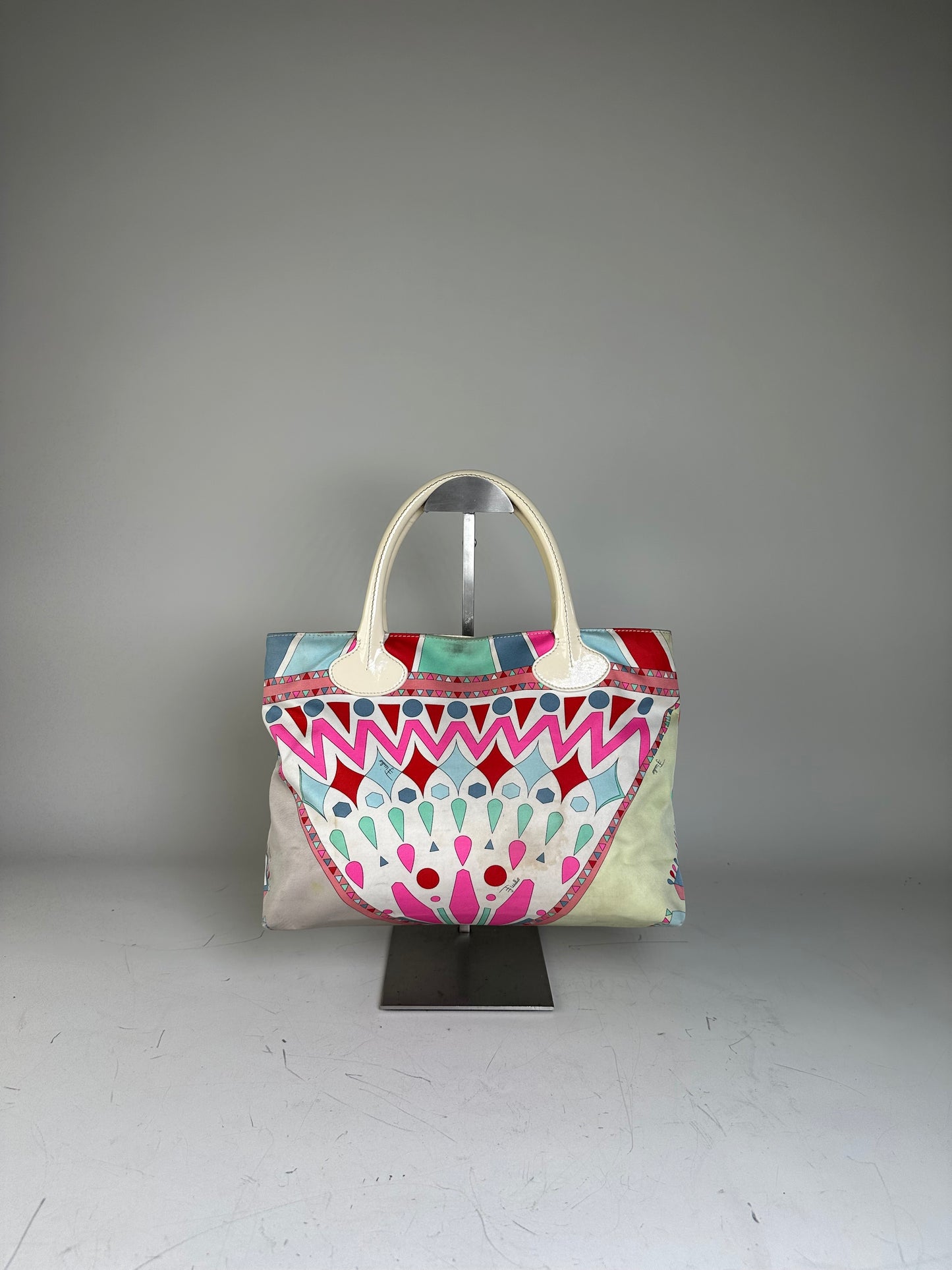Vintage Emilio Pucci Silk Canvas Tote Bag Pink Turquoise Red