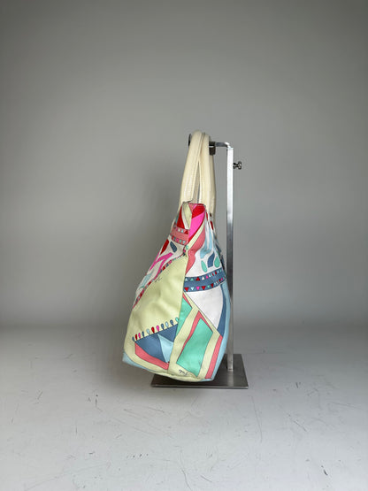 Vintage Emilio Pucci Silk Canvas Tote Bag Pink Turquoise Red