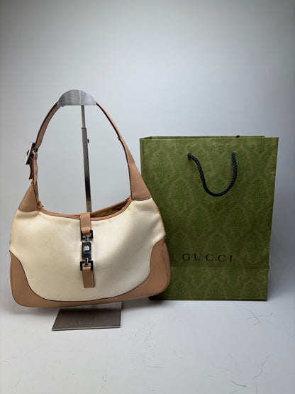 Vintage Gucci Jackie Canvas Shoulder Bag Cream Tan