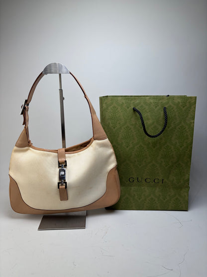 Vintage Gucci Jackie Canvas Shoulder Bag Cream Tan