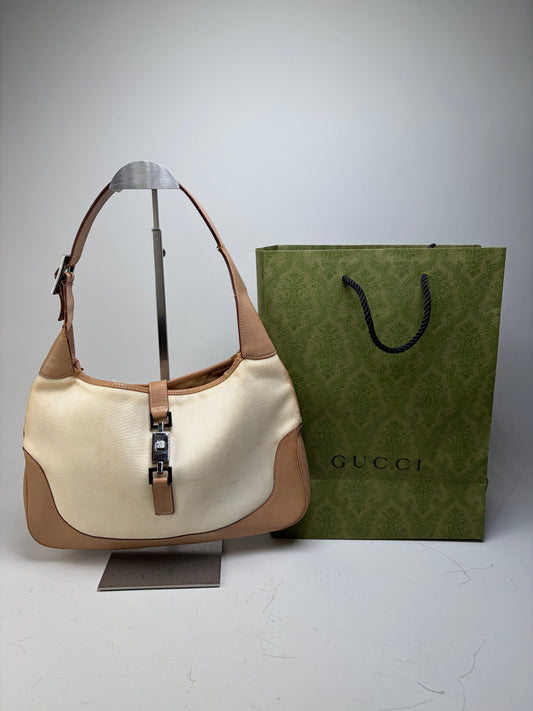 Vintage Gucci Jackie Canvas Shoulder Bag Cream Tan
