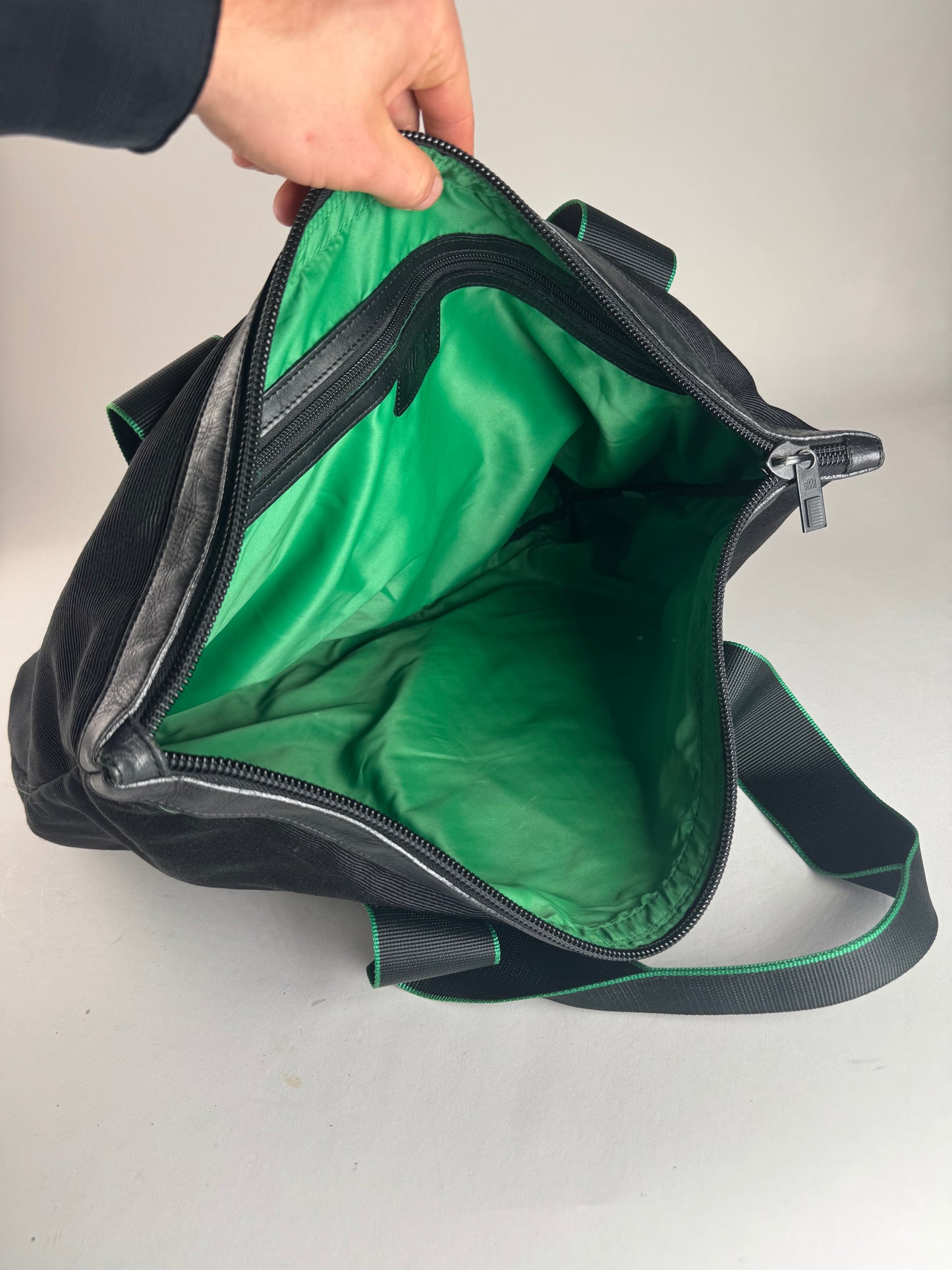 Vintage Issey Miyake Polyester / Leather Tote Bag Black/Green