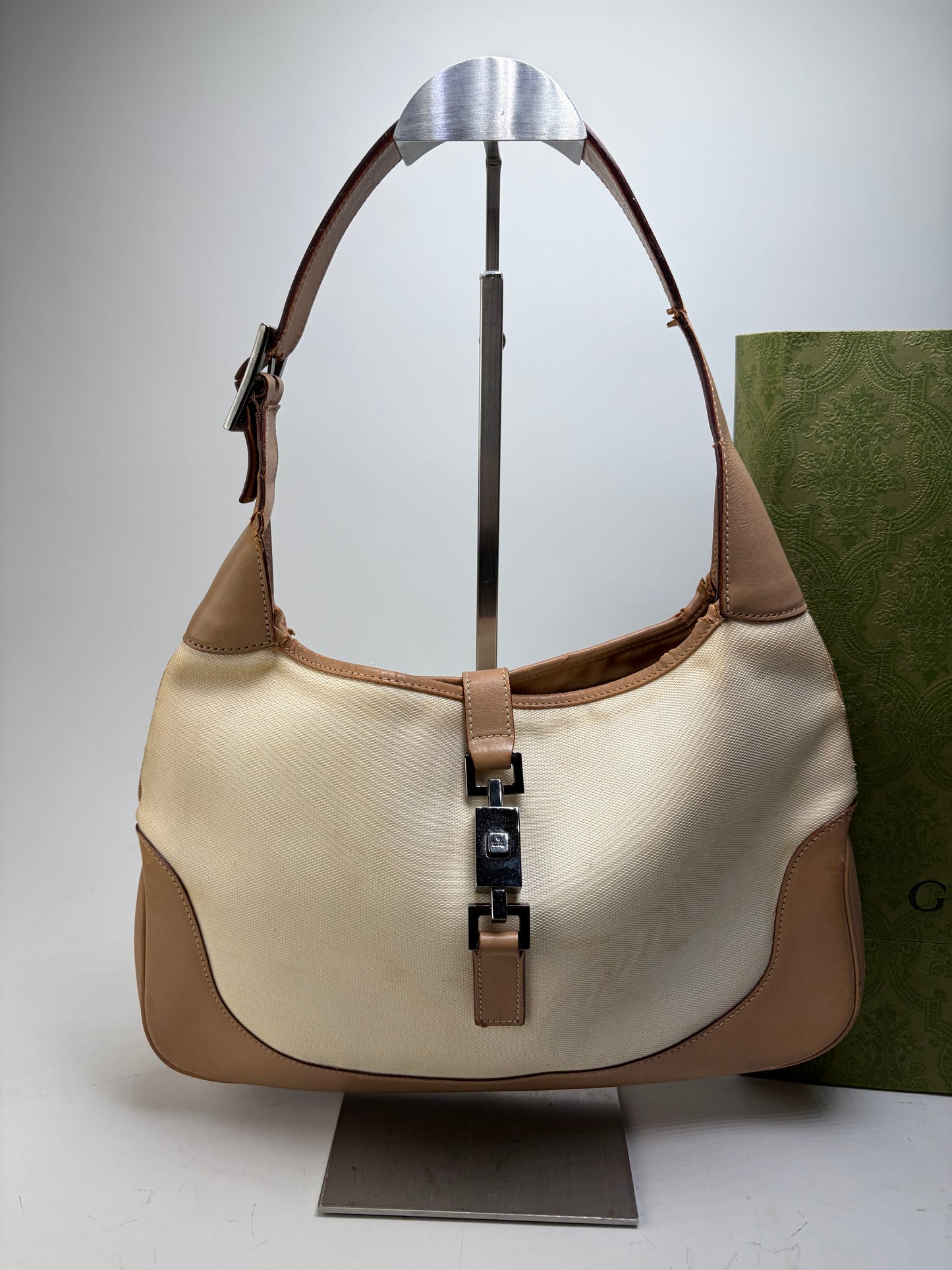 Vintage Gucci Jackie Canvas Shoulder Bag Cream Tan