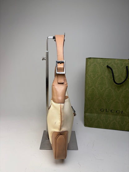 Vintage Gucci Jackie Canvas Shoulder Bag Cream Tan