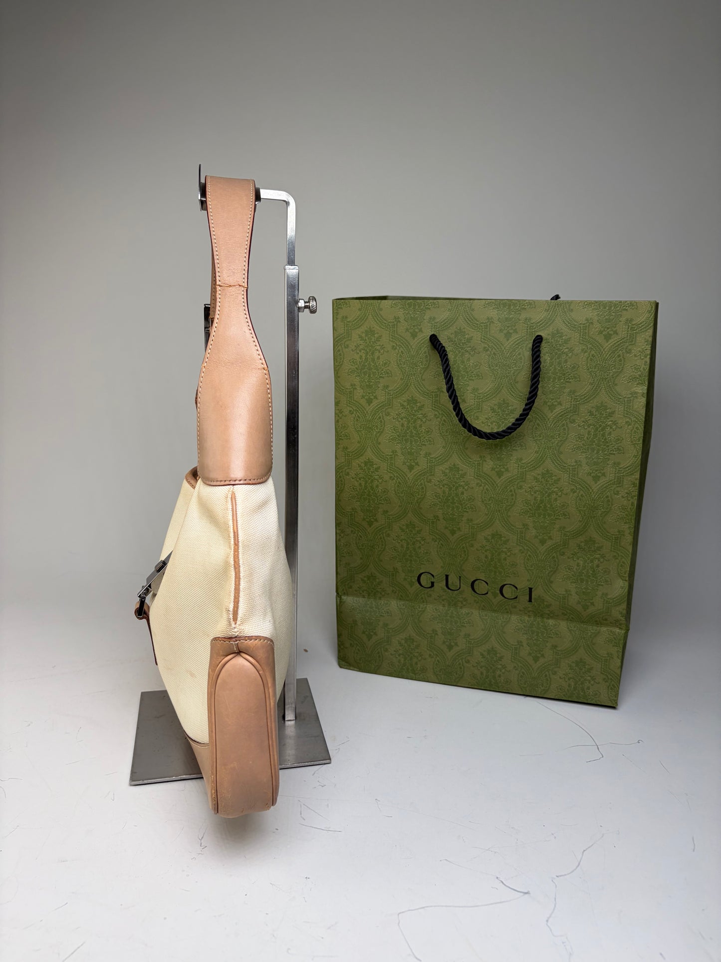 Vintage Gucci Jackie Canvas Shoulder Bag Cream Tan