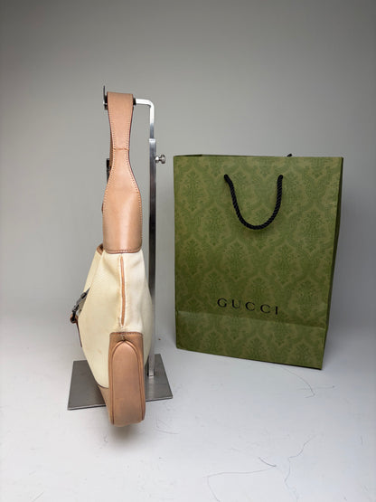 Vintage Gucci Jackie Canvas Shoulder Bag Cream Tan