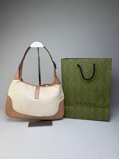 Vintage Gucci Jackie Canvas Shoulder Bag Cream Tan