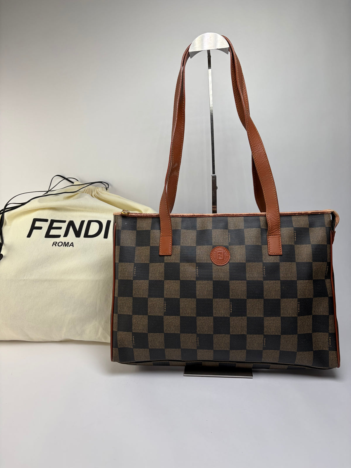 Vintage Fendi Checkered Coated Canvas Tote Brown Black