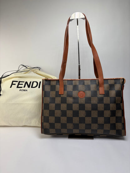 Vintage Fendi Checkered Coated Canvas Tote Brown Black