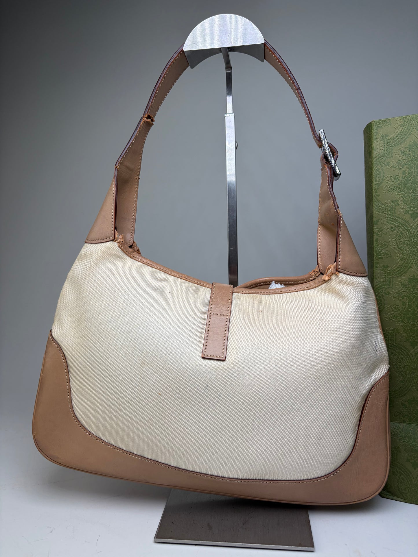 Vintage Gucci Jackie Canvas Shoulder Bag Cream Tan