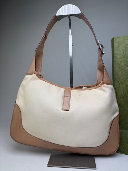 Vintage Gucci Jackie Canvas Shoulder Bag Cream Tan