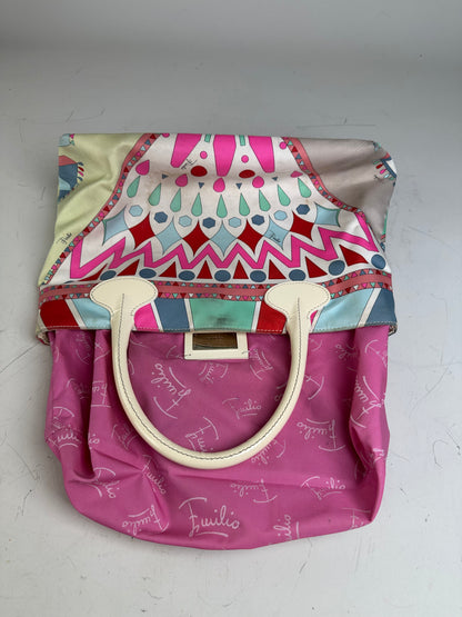 Vintage Emilio Pucci Silk Canvas Tote Bag Pink Turquoise Red