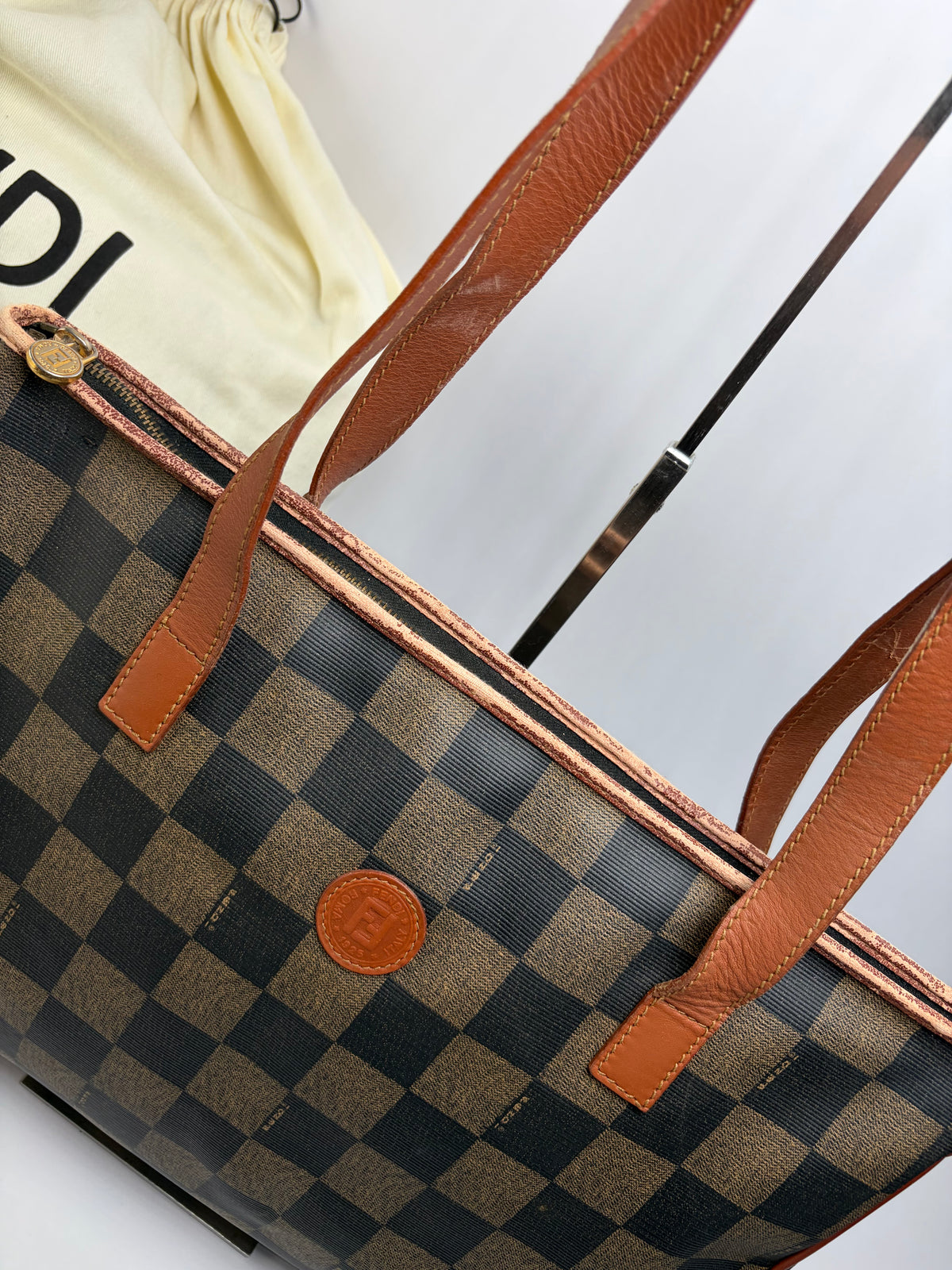 Vintage Fendi Checkered Coated Canvas Tote Brown Black