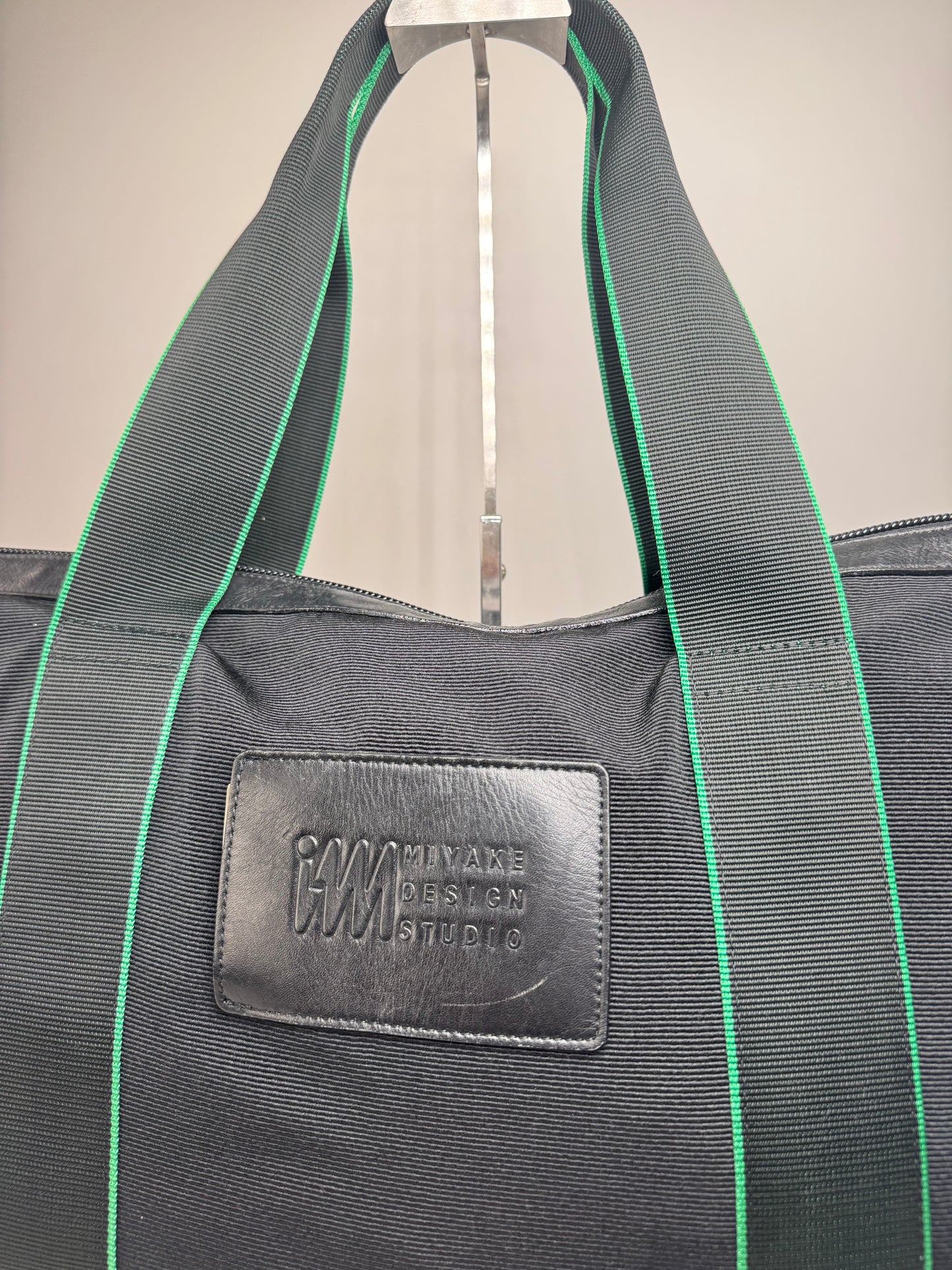 Vintage Issey Miyake Polyester / Leather Tote Bag Black/Green