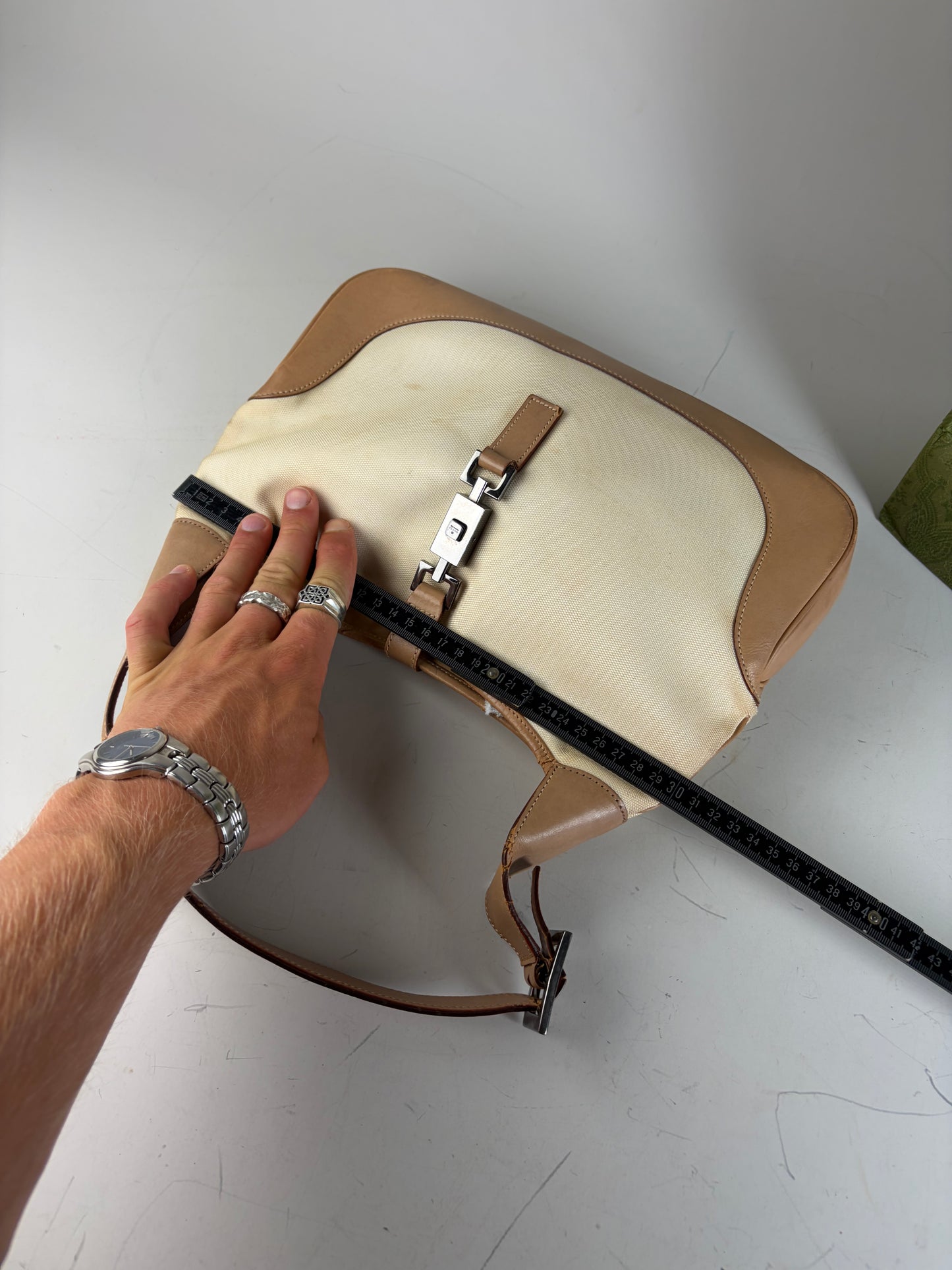 Vintage Gucci Jackie Canvas Shoulder Bag Cream Tan