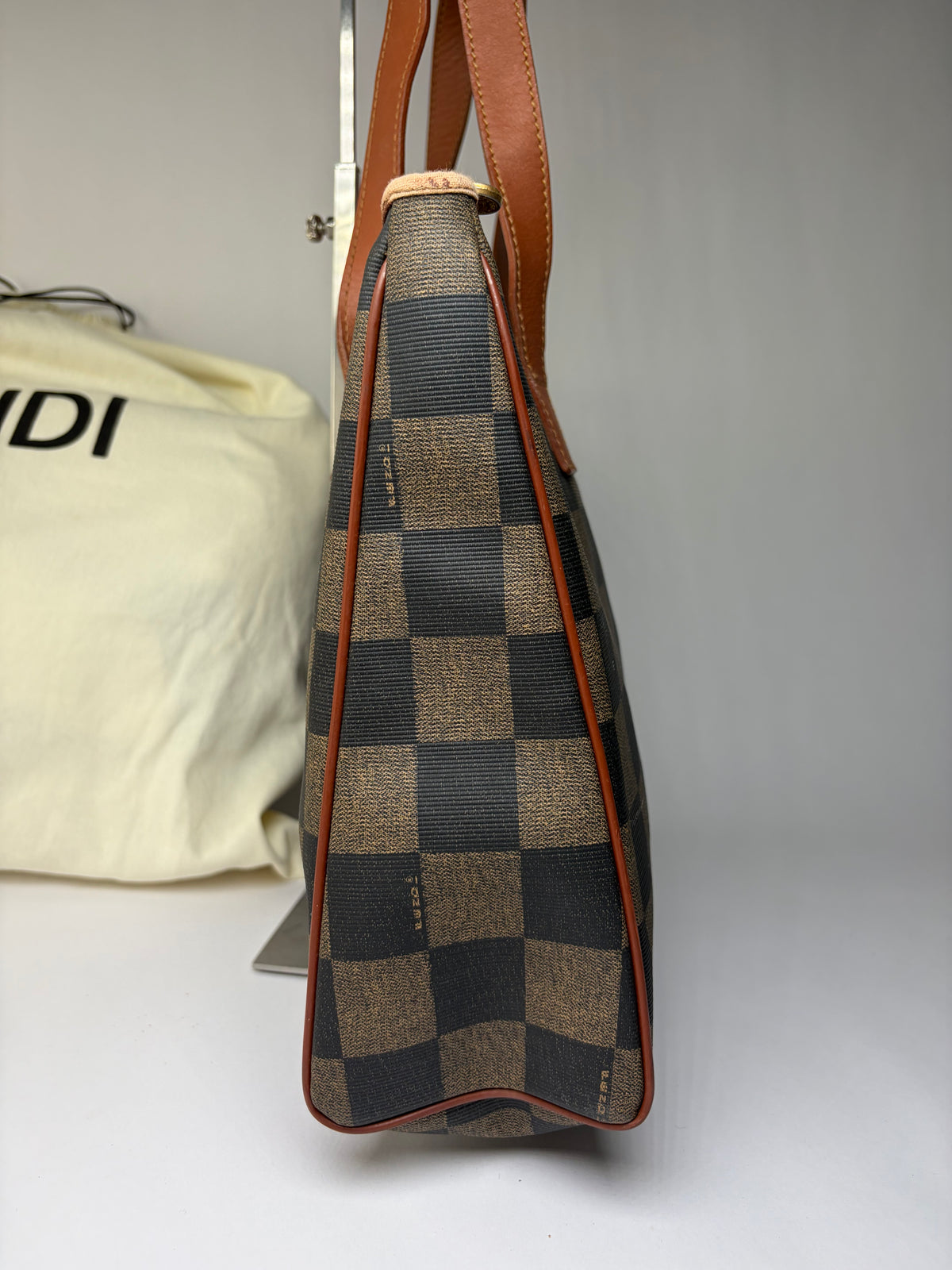 Vintage Fendi Checkered Coated Canvas Tote Brown Black