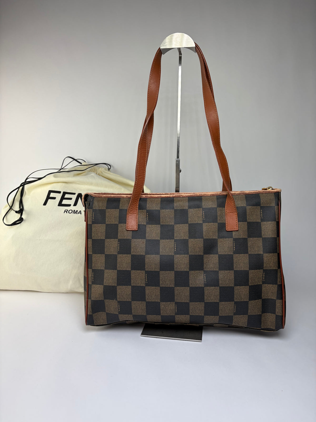 Vintage Fendi Checkered Coated Canvas Tote Brown Black