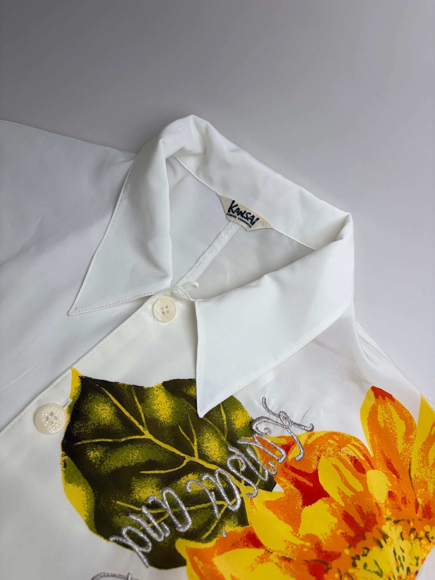 Vintage Kansai Men's Silk Floral Shirt White Yellow Green XL