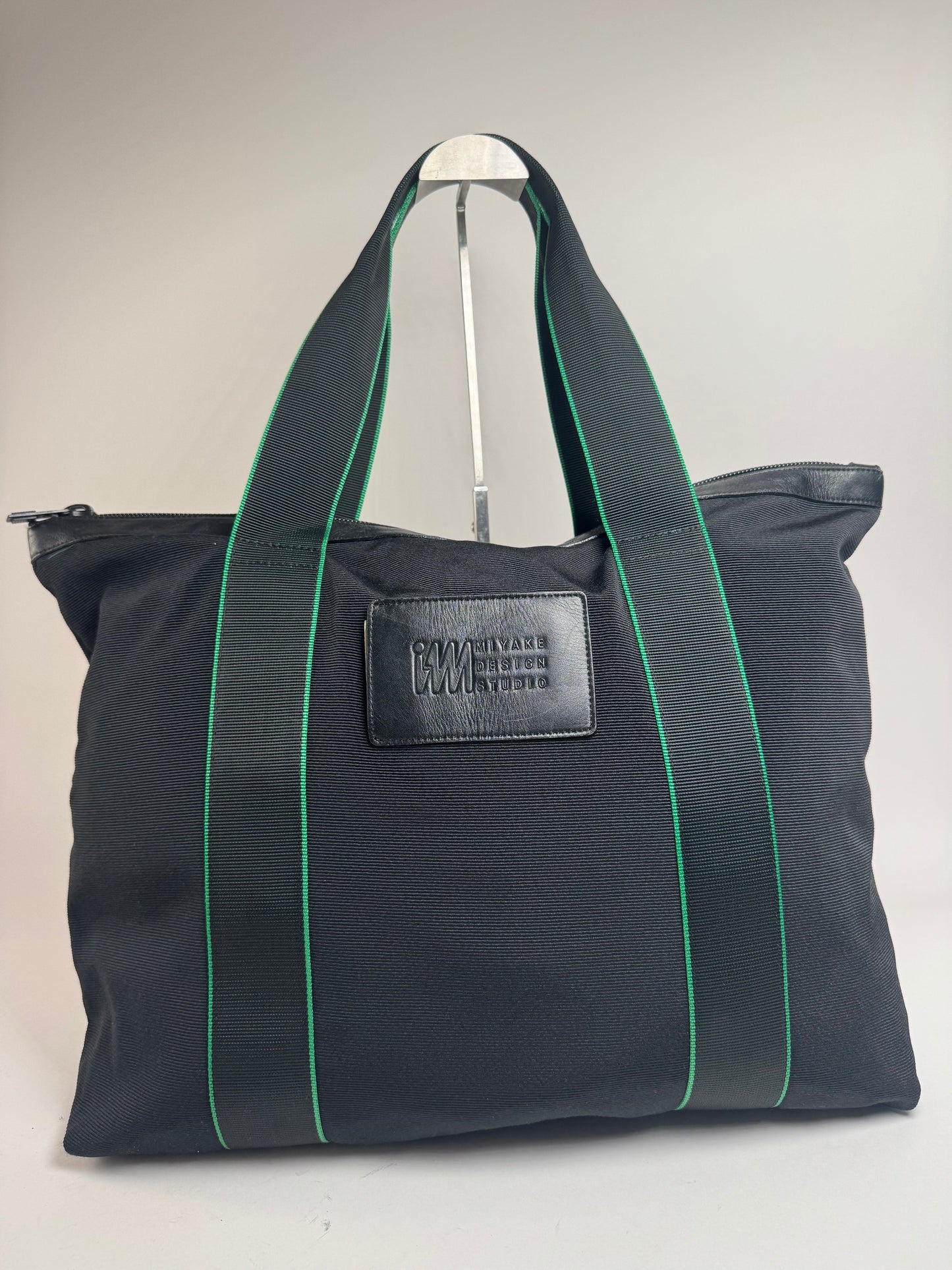 Vintage Issey Miyake Polyester / Leather Tote Bag Black/Green