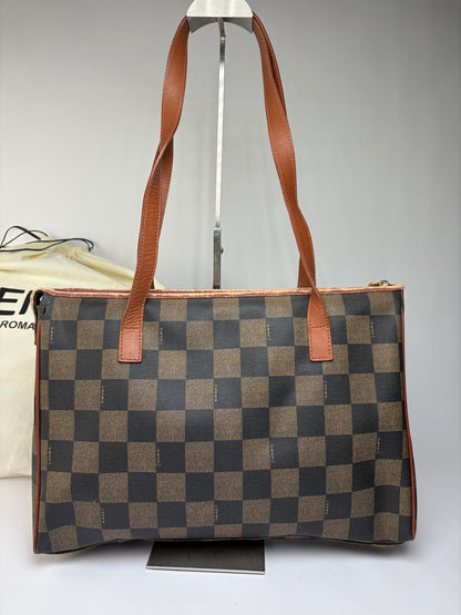 Vintage Fendi Checkered Coated Canvas Tote Brown Black