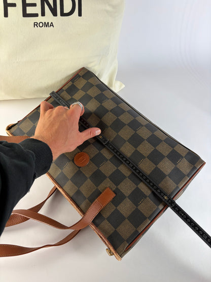 Vintage Fendi Checkered Coated Canvas Tote Brown Black