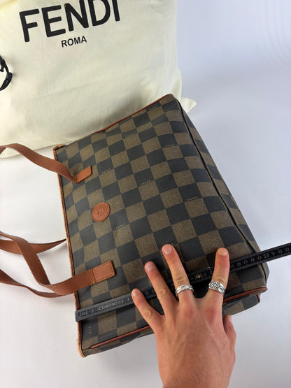 Vintage Fendi Checkered Coated Canvas Tote Brown Black