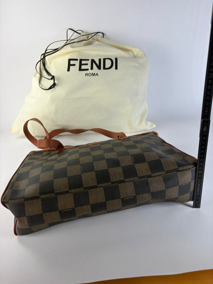 Vintage Fendi Checkered Coated Canvas Tote Brown Black
