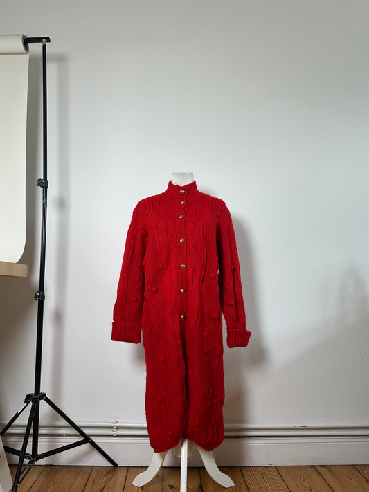 Vintage Chloe Wool Cardigan Dress Red Gold Buttons L