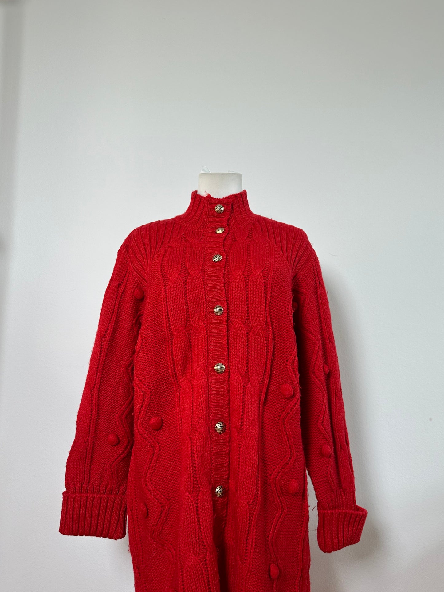 Vintage Chloe Wool Cardigan Dress Red Gold Buttons L