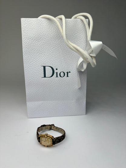 Vintage Dior Oblique Canvas Strap Watch c. Late 1970s Gold Brown