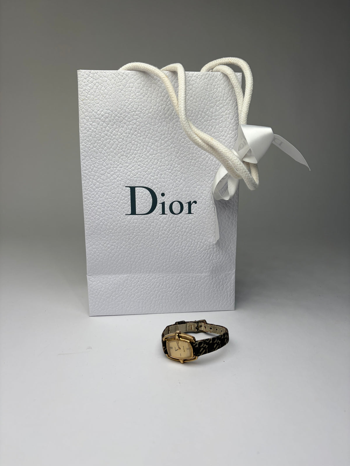 Vintage Dior Oblique Canvas Strap Watch c. Late 1970s Gold Brown