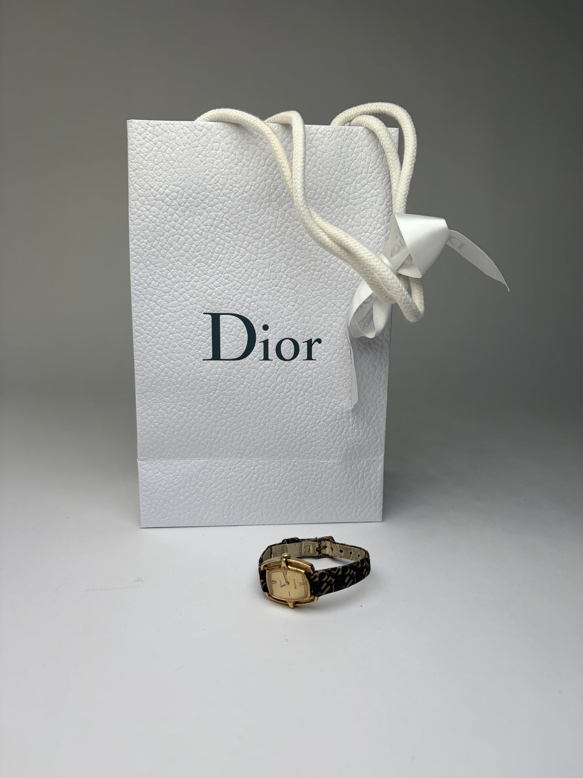 Vintage Dior Oblique Canvas Strap Watch c. Late 1970s Gold Brown