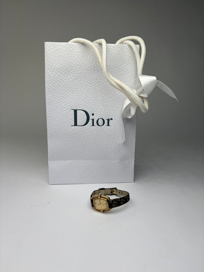 Vintage Dior Oblique Canvas Strap Watch c. Late 1970s Gold Brown